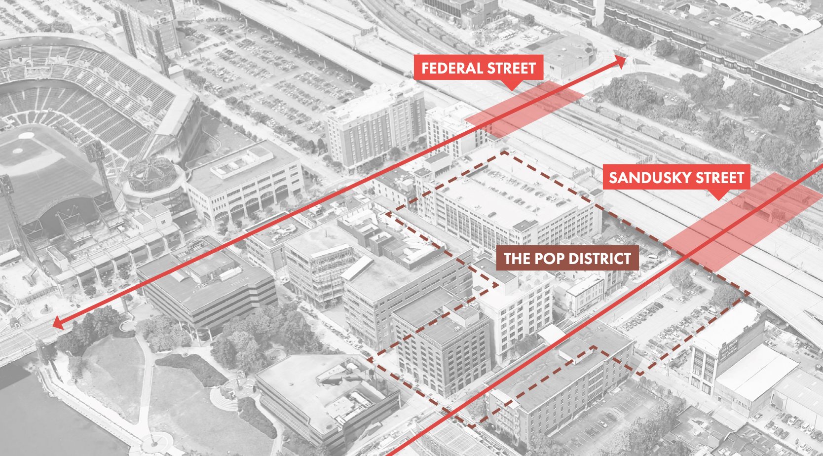 A map of Pittsburgh's North Side neighborhood outlining an area between Federal Street and Sandusky Street that is The Pop District