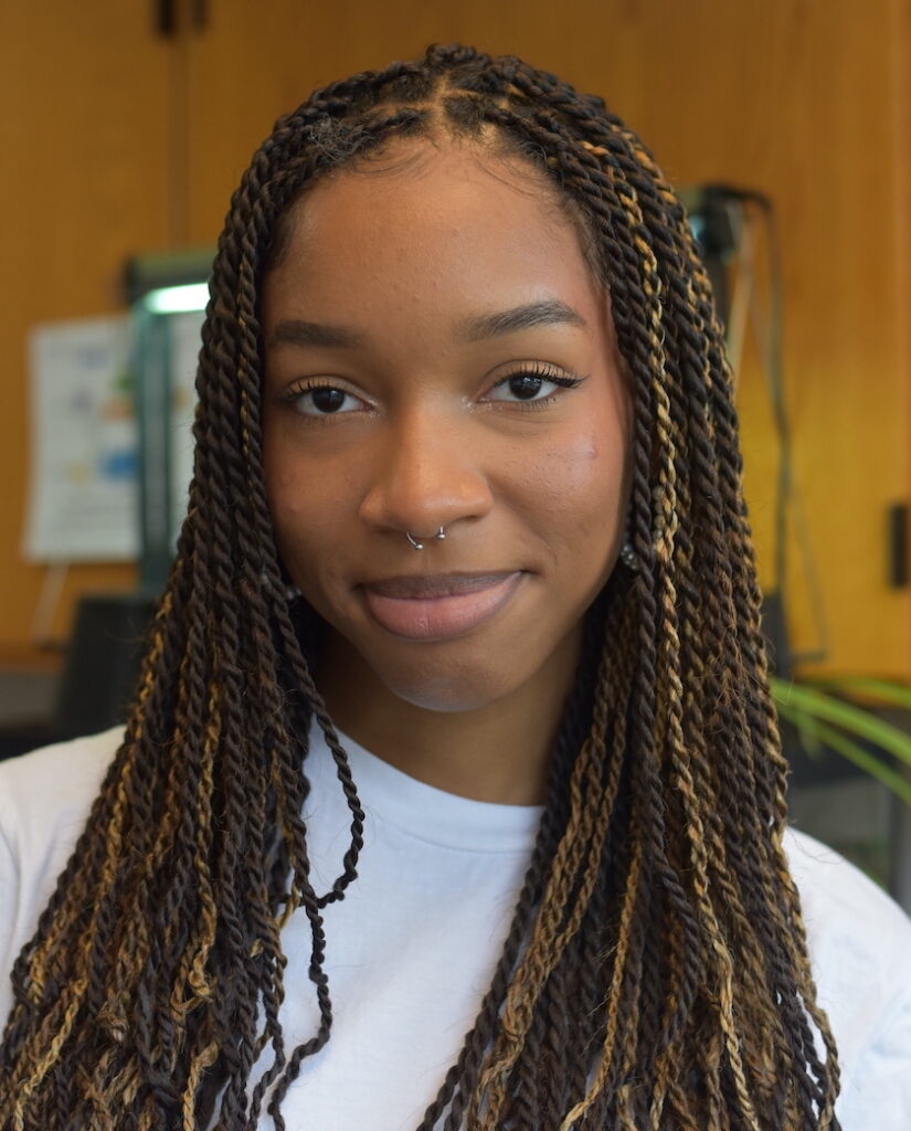 Head shot of a Black Woman with brown braids in front of a wooden wall.