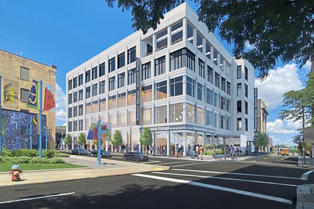 Rendering of Pop Park with blue, red, and yellow flagpoles and banners with The Pop District building logo