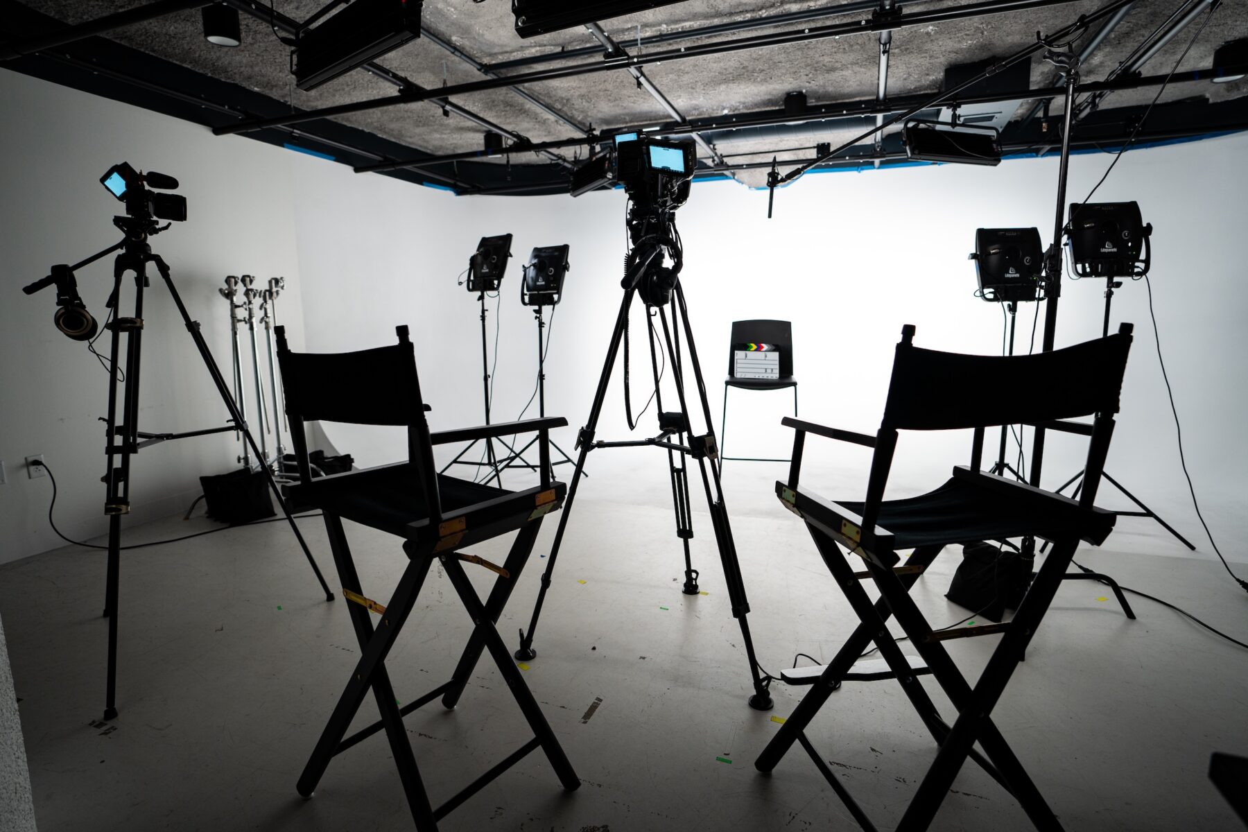 An empty film studio setup featuring two director chairs facing a white backdrop, surrounded by cameras on tripods, overhead rigging, and multiple studio lights prepared for an interview or video shoot.
